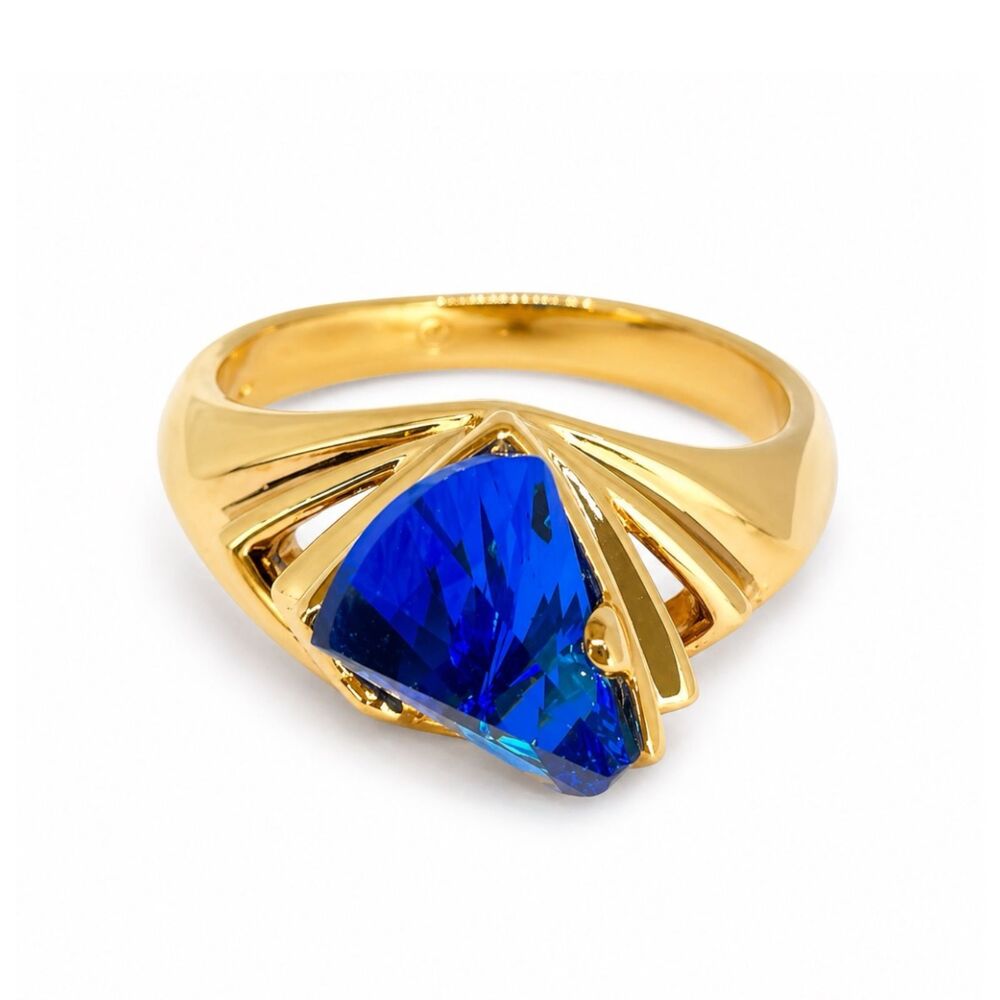 Vintage 1970s Ring Size 6 Blue Crystal Lens Cut Modernist Gold Plated - 14I